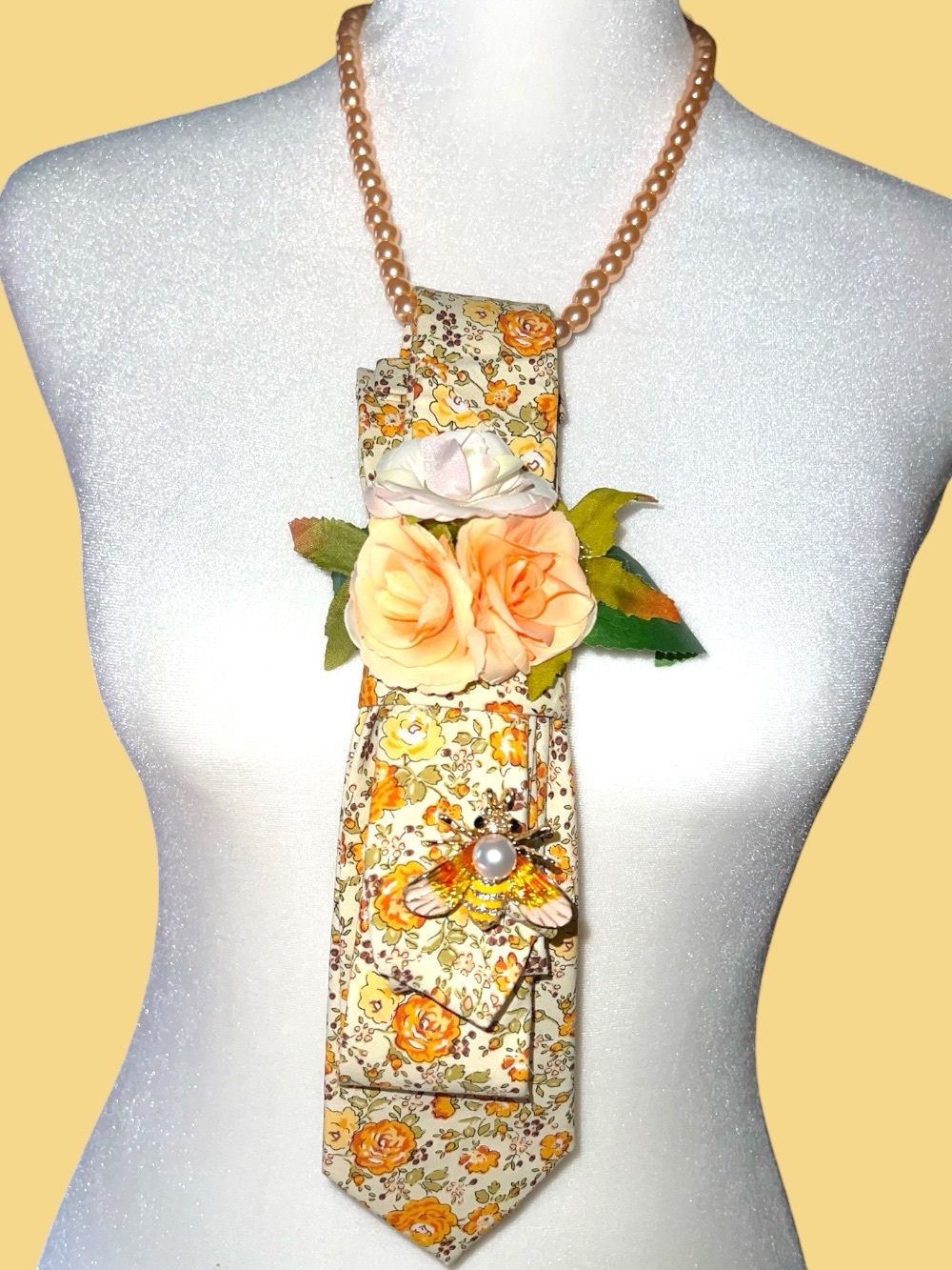 Peach Floral Statement Necklace with Fabric Rose Tie